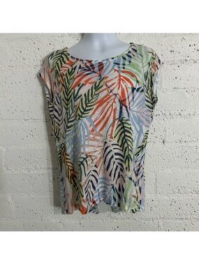 Tahari Multicolor Tropical Leaf Cap Sleeve Top